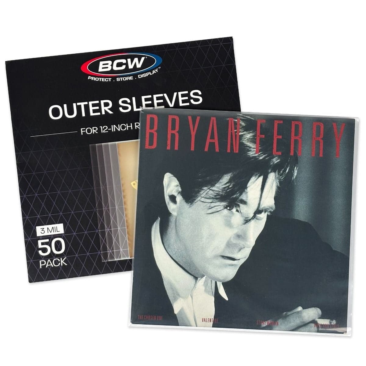 12-Inch Record Sleeves - Polyethylene - 50 Pack group packaging with record in sleeve