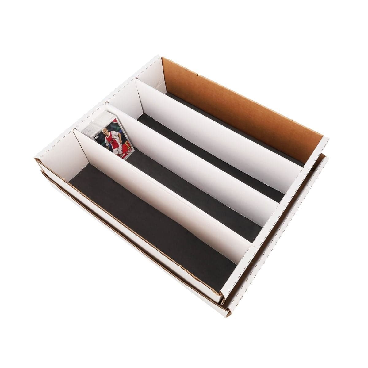 BCW Slip Guard Strip applied to the bottom of the rows in a BCW Monster Storage Box with Cards in the rows