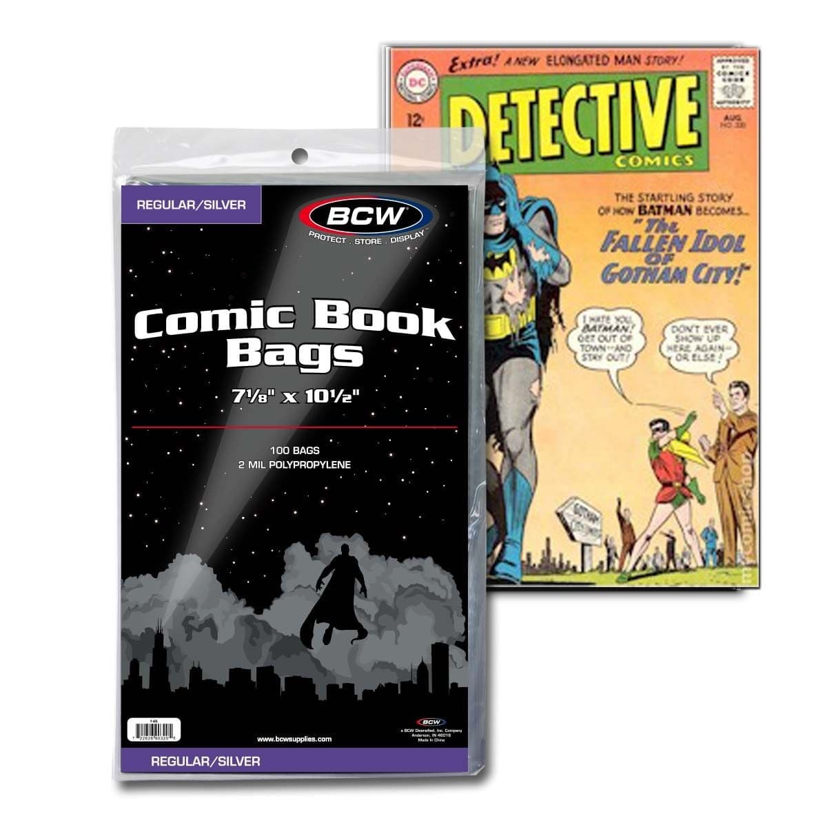 Package of BCW Silver Age Comic Book Bags with comic in bag