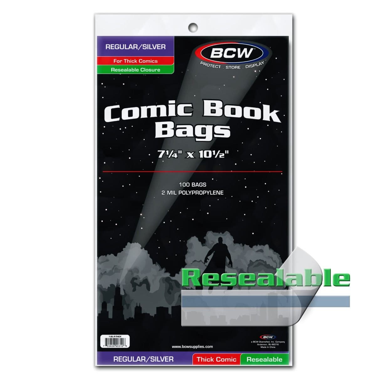Resealable logo over package of BCW Resealable Silver Age Thick Comic Book Bags