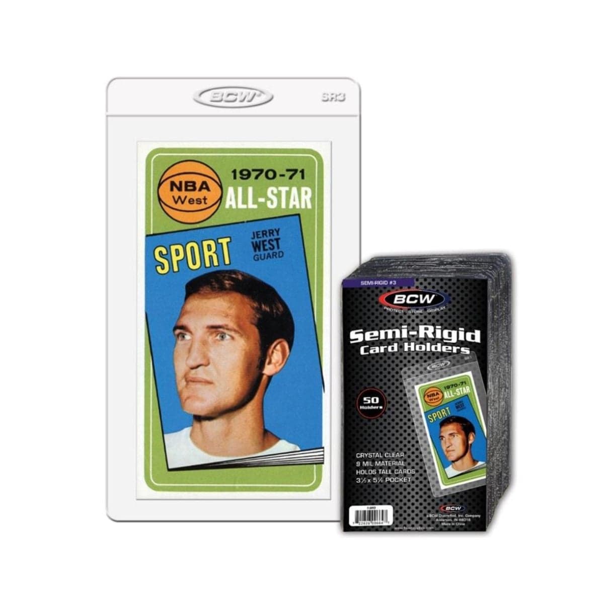Pack of BCW semi-rigid card holders with card in holder