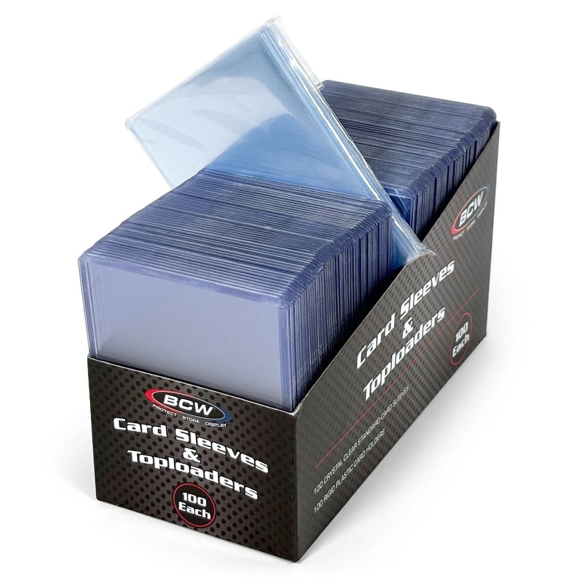 100 Count Card Sleeve and Toploader Combo Pack. sleeve packs sticking up out of packaging