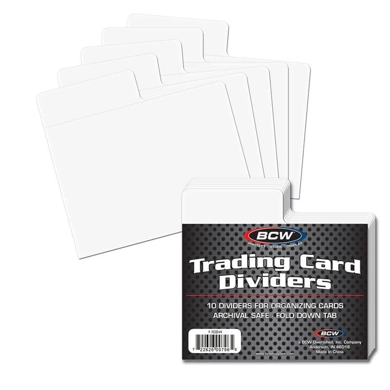 Package of BCW horizontal trading card dividers over spread of card dividers