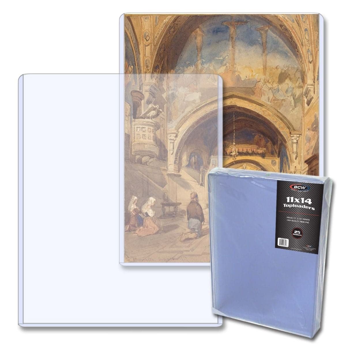 Two BCW 11x14 - Topload Holders behind package of BCW 11x14 - Topload Holders