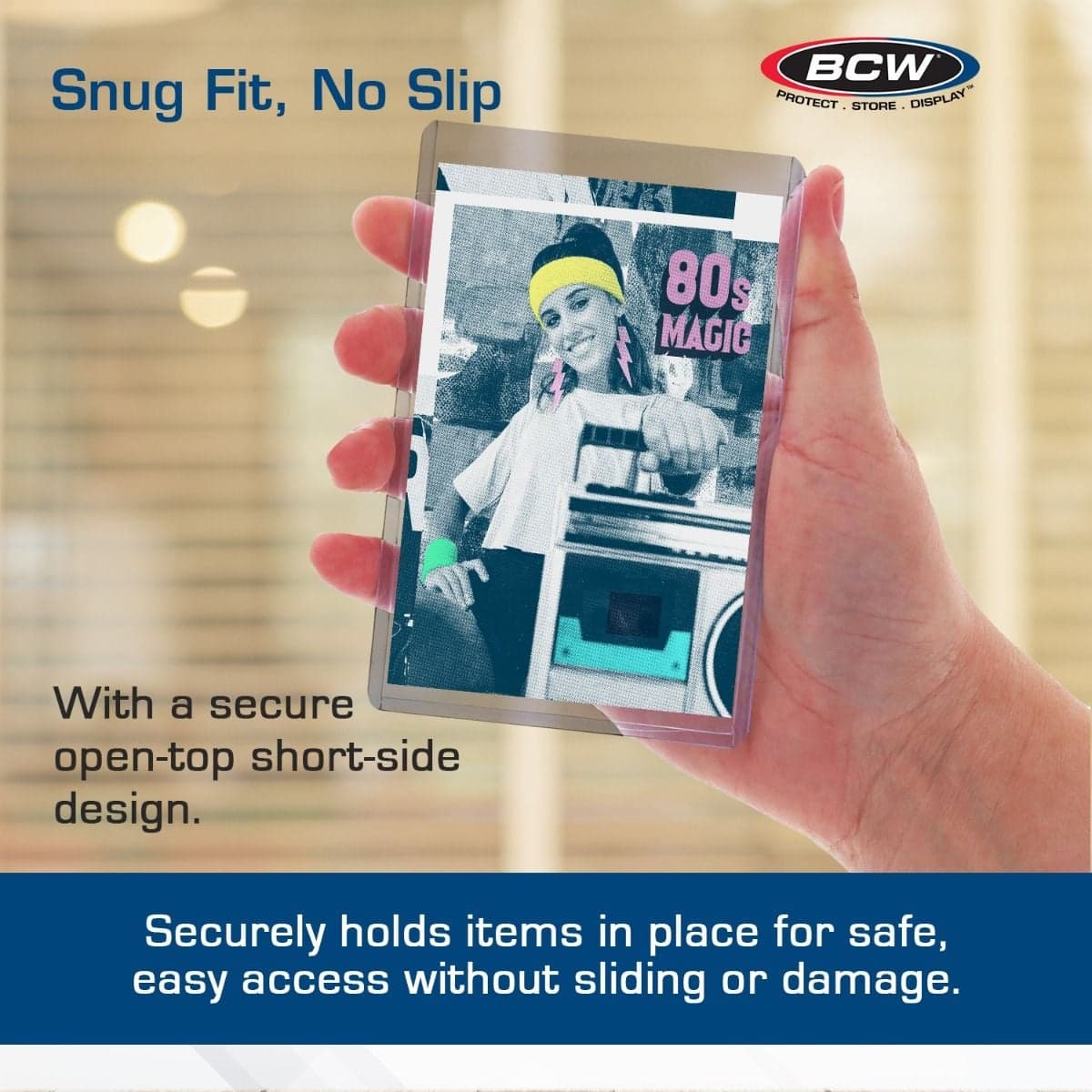Infographic: Hand holding a BCW 3" x 5" toploader with a vintage-style photo inserted, highlighting the secure open-top short-side design that keeps photos and prints snugly in place while allowing easy access.