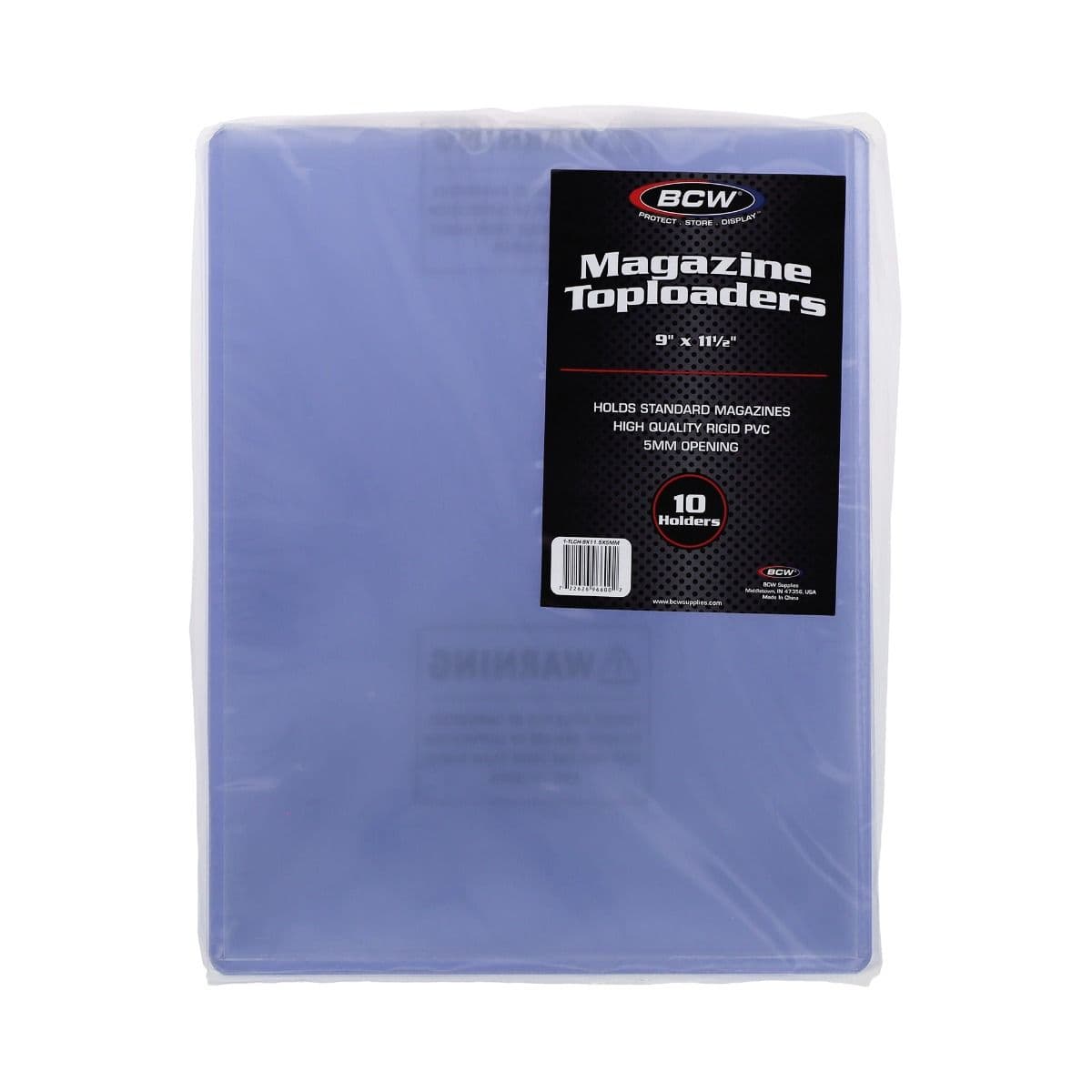 BCW magazine top loaders pack featuring clear rigid PVC holders sized for standard 9 x 11.5 inch magazines with a 5mm opening for secure protection and storage.
