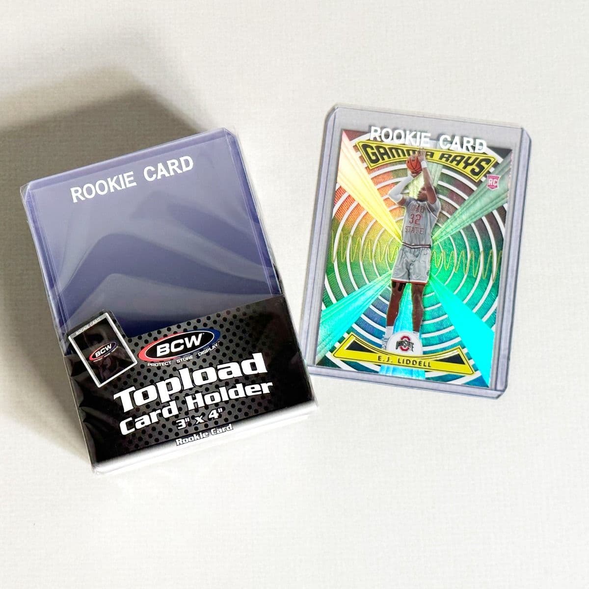 BCW Topload Card Holder White Rookie Card imprinted pack. 3x4. Grouped with Basketball card in holder