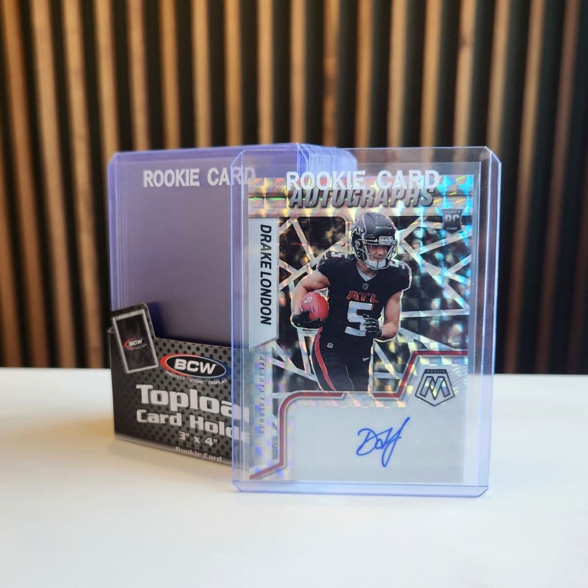 BCW Topload Card Holder White Rookie Card imprinted pack. 3x4. Grouped with Football card in holder