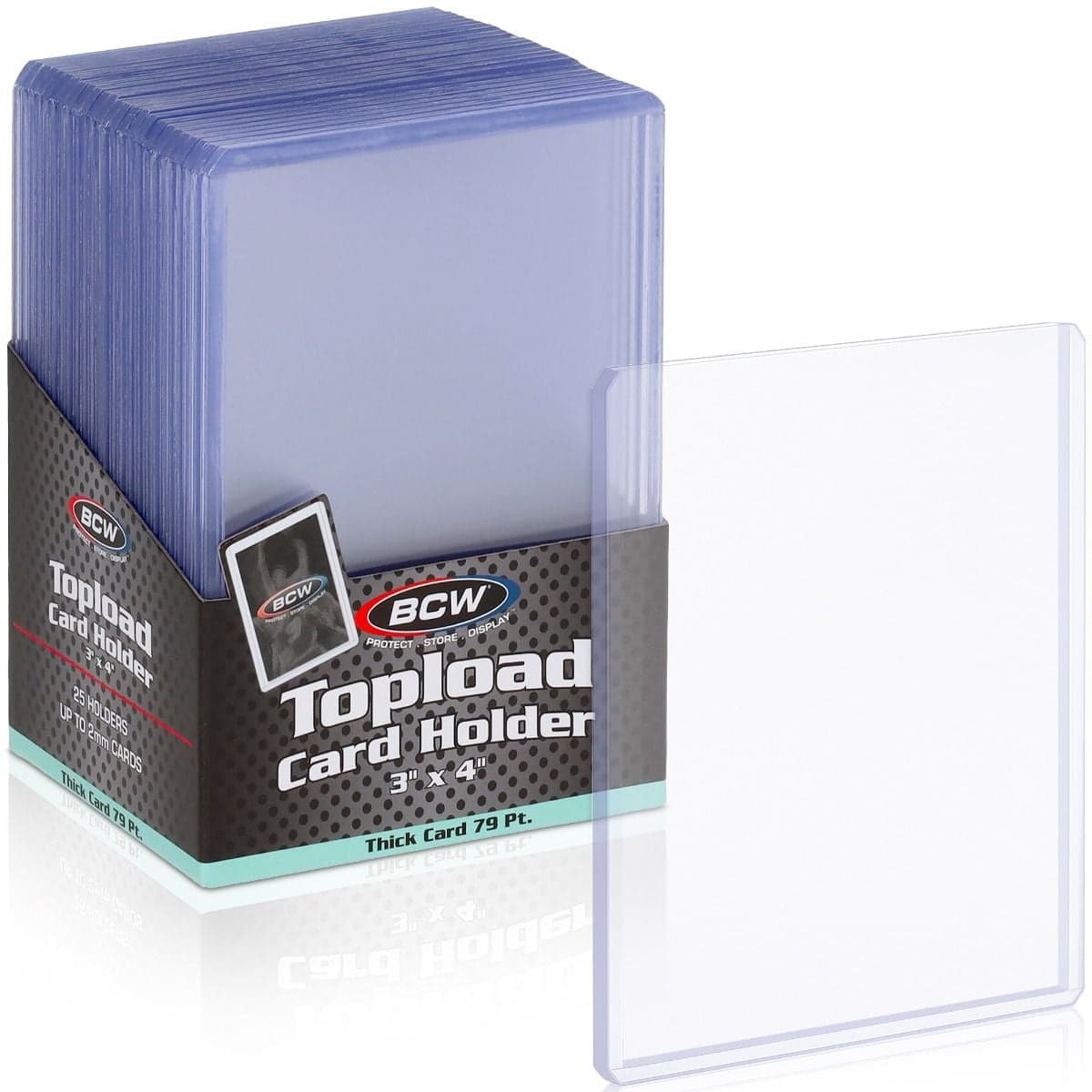 BCW 3" x 4" thick top load card holders in retail packaging with one clear rigid protector displayed in front for oversized collectible cards up to 79 pt thickness.