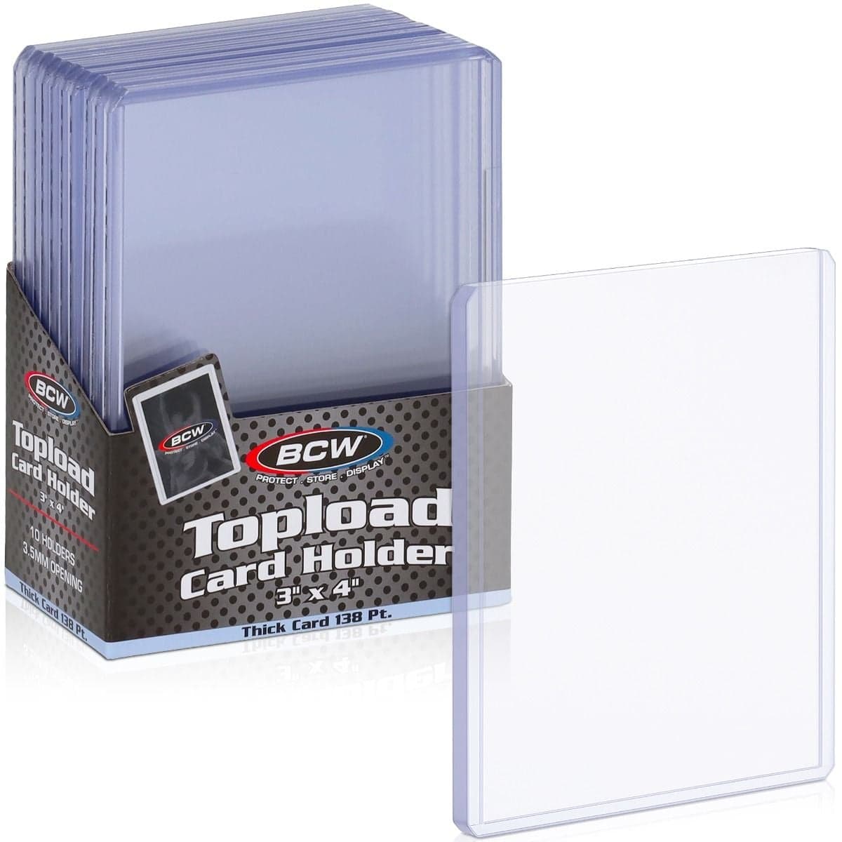 Topload Card Holder 3" x 4" for 138 pt. thick cards shown in retail packaging with one clear rigid toploader displayed in front.