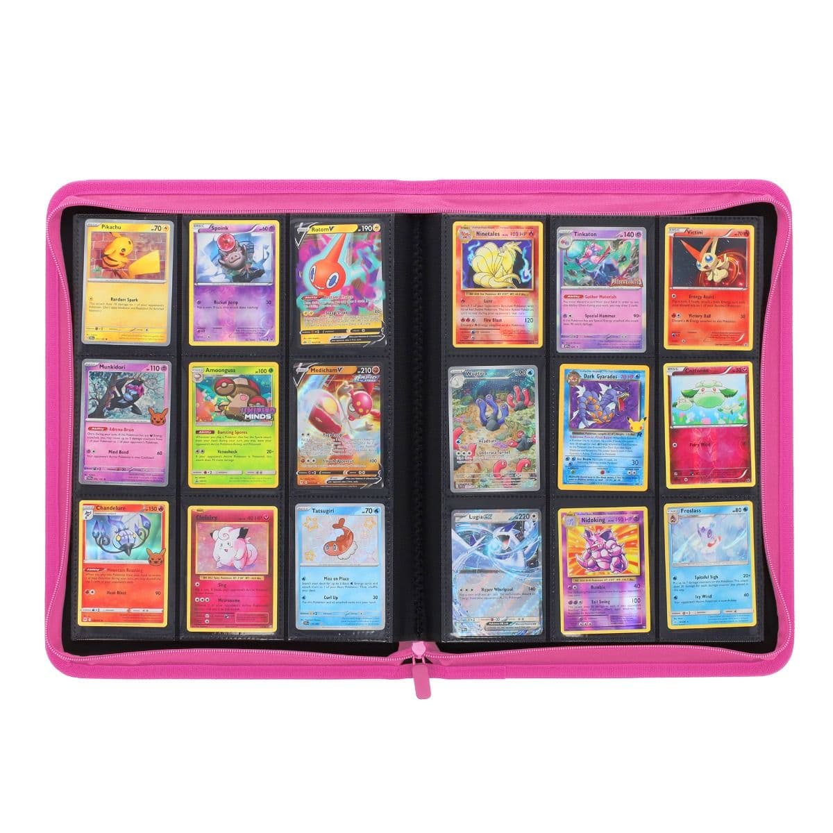 BCW Z-Folio 9-Pocket Album - Pink, inside view of middle fold of binder, full of pokemon cards to showcase it's storage capabilities
