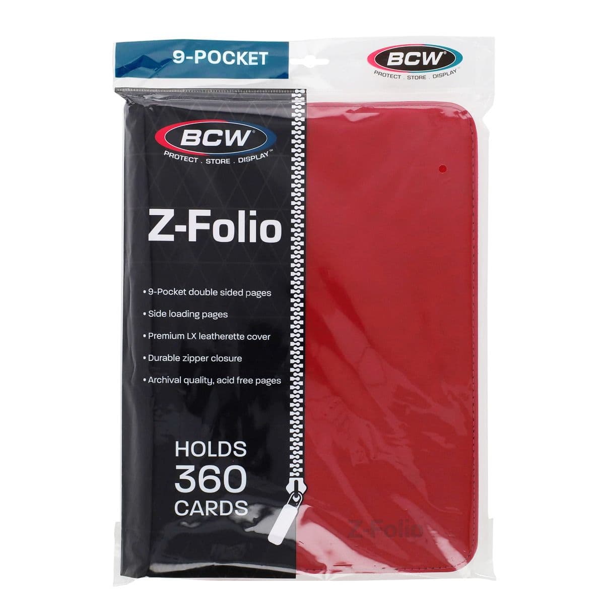 BCW Z-Folio 9-Pocket Album - Red, front of packaging with binder enclosed.