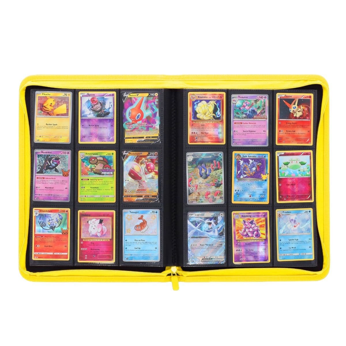 BCW Z-Folio 9-Pocket Album - Yellow, inside view of middle fold of binder, full of pokemon cards to showcase it's storage capabilities