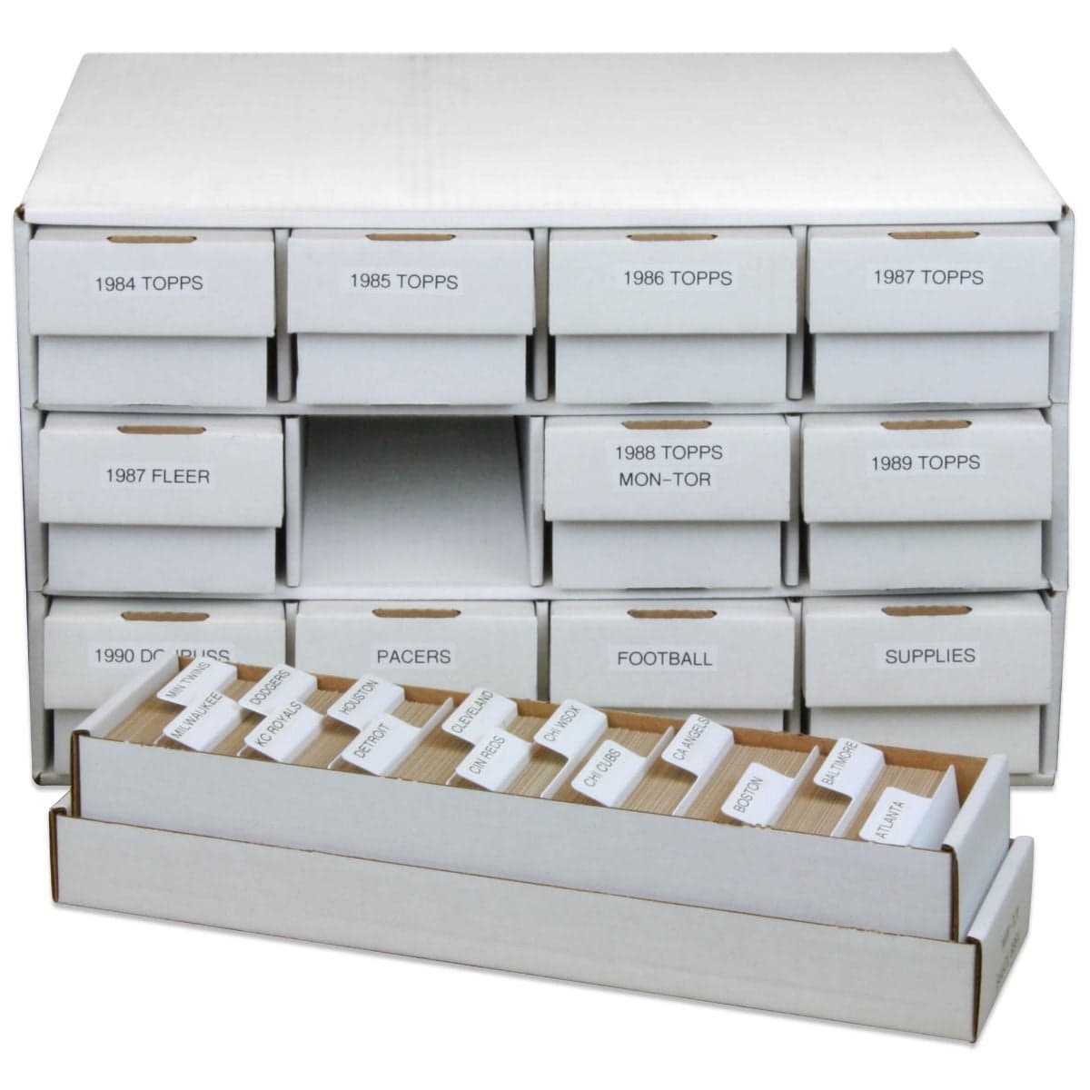 BCW card house holding 11 2-piece 800 count boxes with 2-piece 800 count box filled with cards and dividers