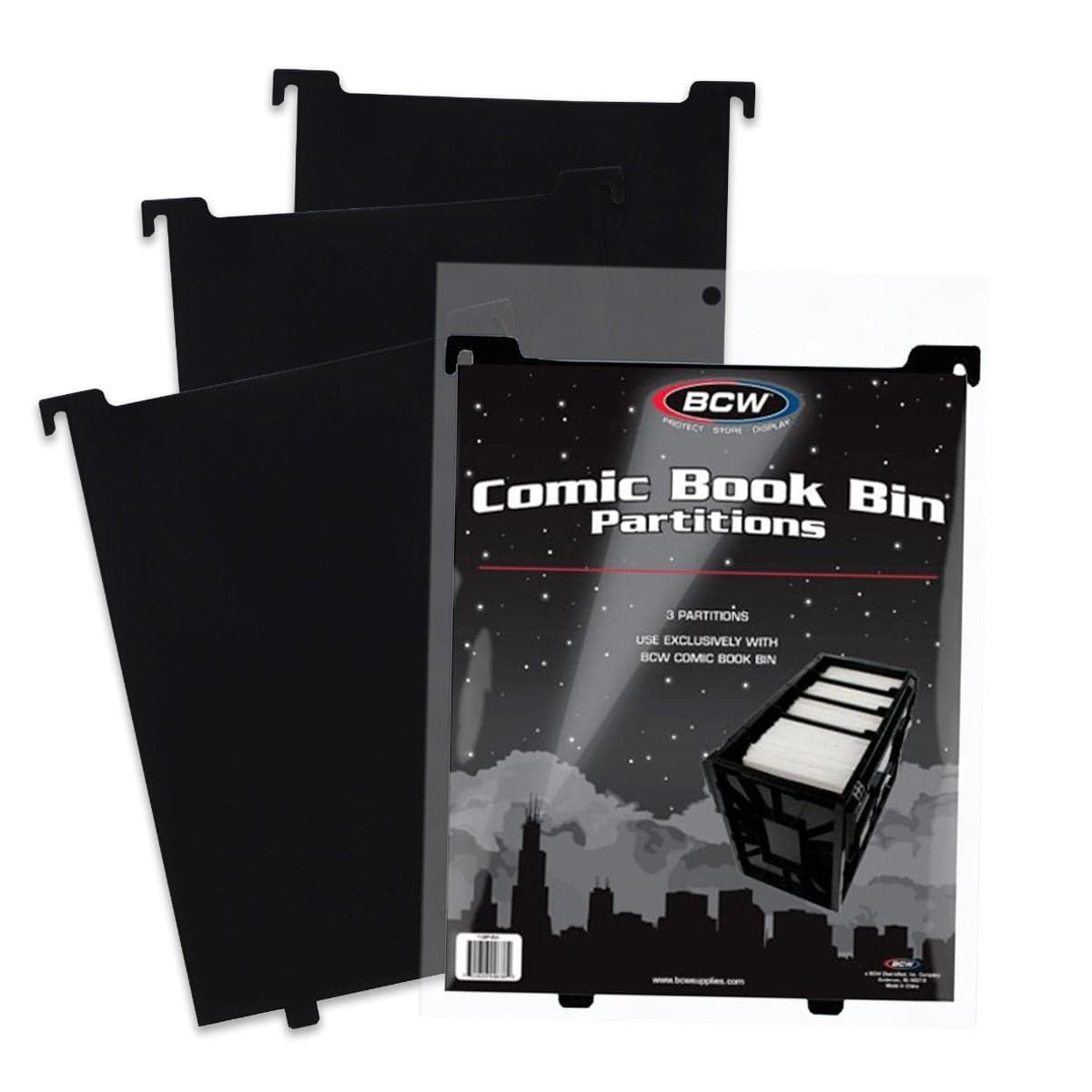 BCW Comic Book Bin Partitions - Black, packaging in front of 3 fanned out partitions, 3 per pack