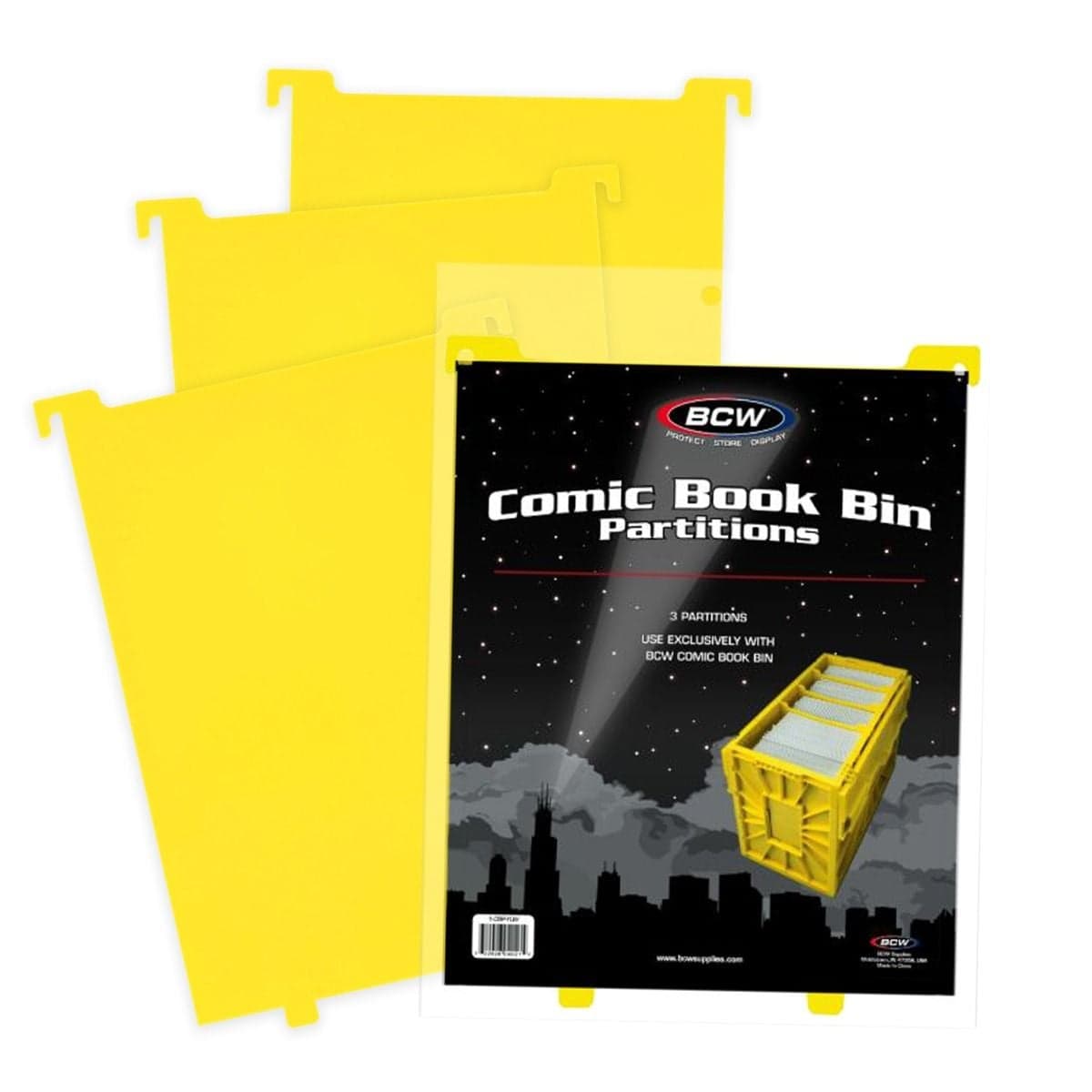 BCW Comic Book Bin Partitions - Yellow packaging in front of 3 fanned out partitions, 3 per pack