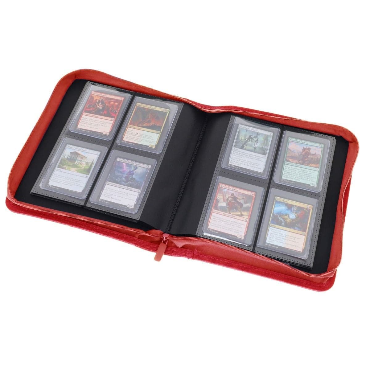 BCW Z-Folio 4-Pocket LX Album - Toploaders - Red opened, angled, full of magic cards in toploaders