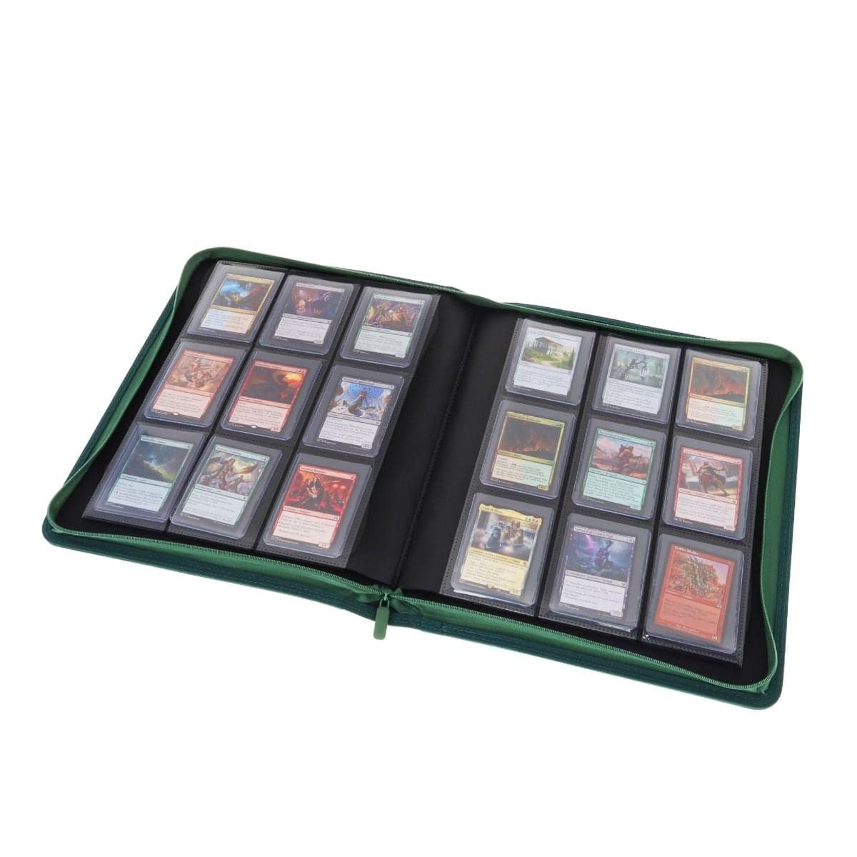 BCW Z-Folio 9-Pocket LX Album - Toploaders - Green opened, angled, full of magic cards in toploaders