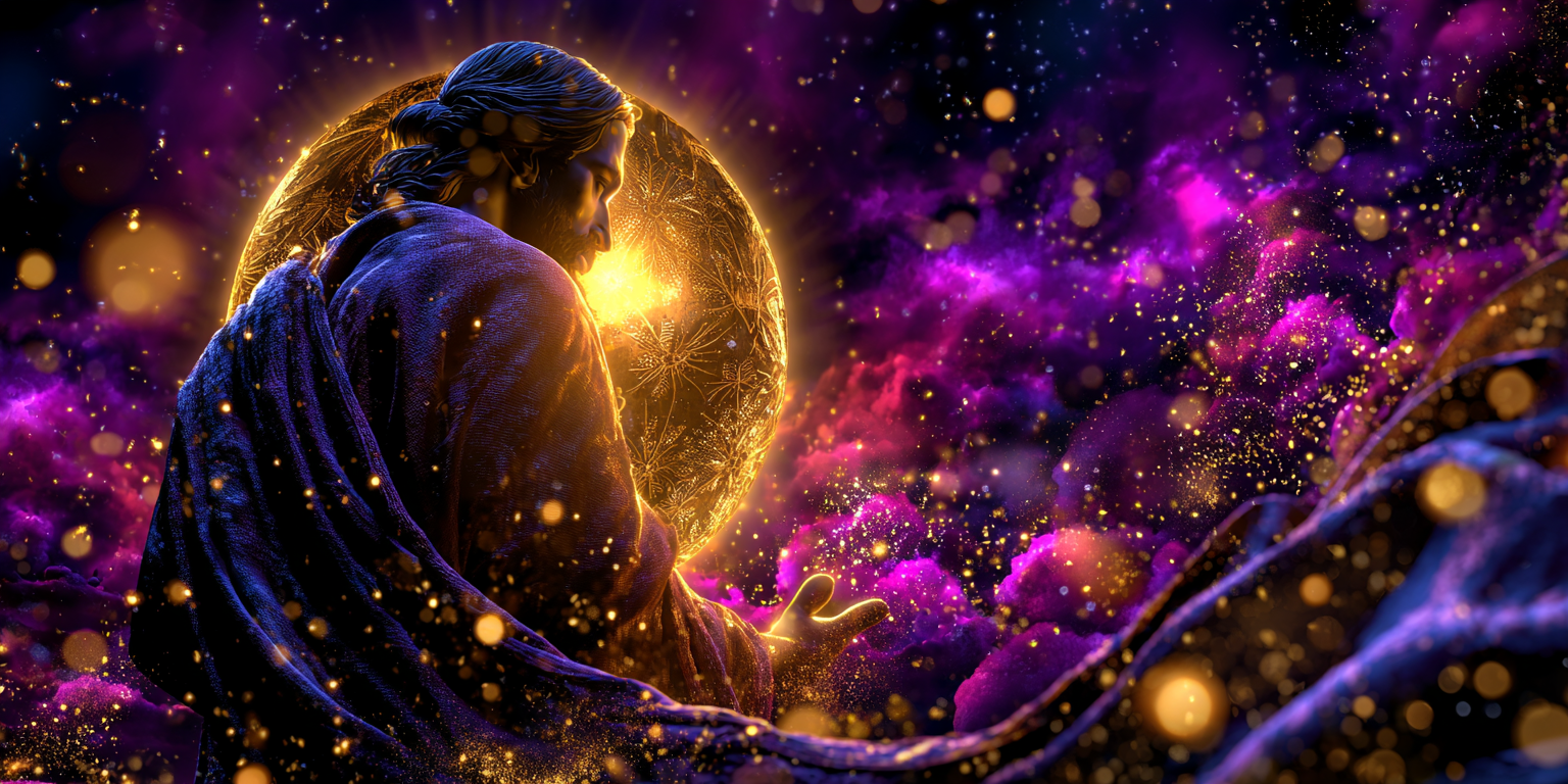 The Light That Entered the World - Divine figure with golden halo in cosmic purple light