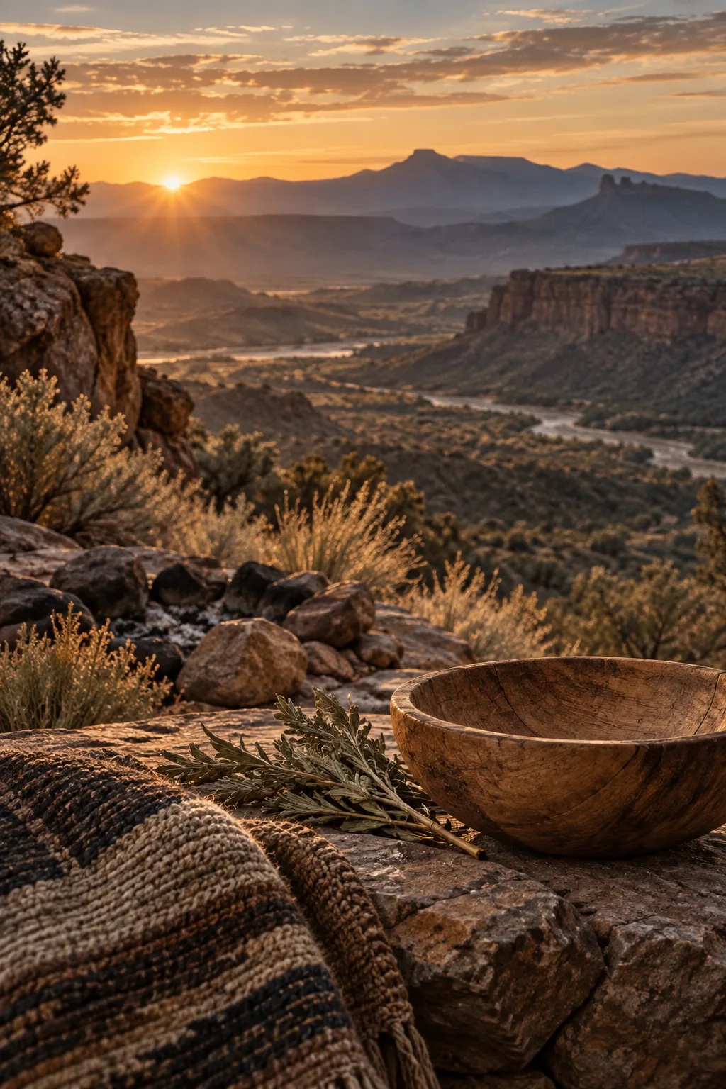 A quiet high-desert canyon at dawn with native plants and a handmade wooden bowl