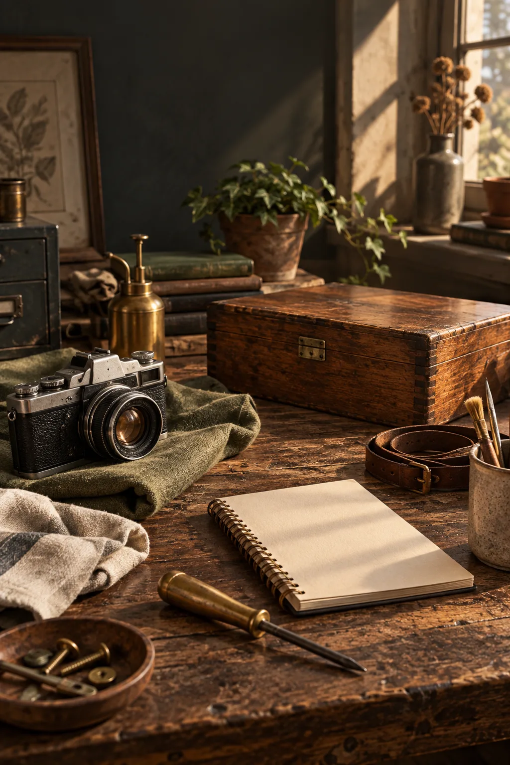 Restored useful objects, a camera, a wooden box, and a blank inventory notebook