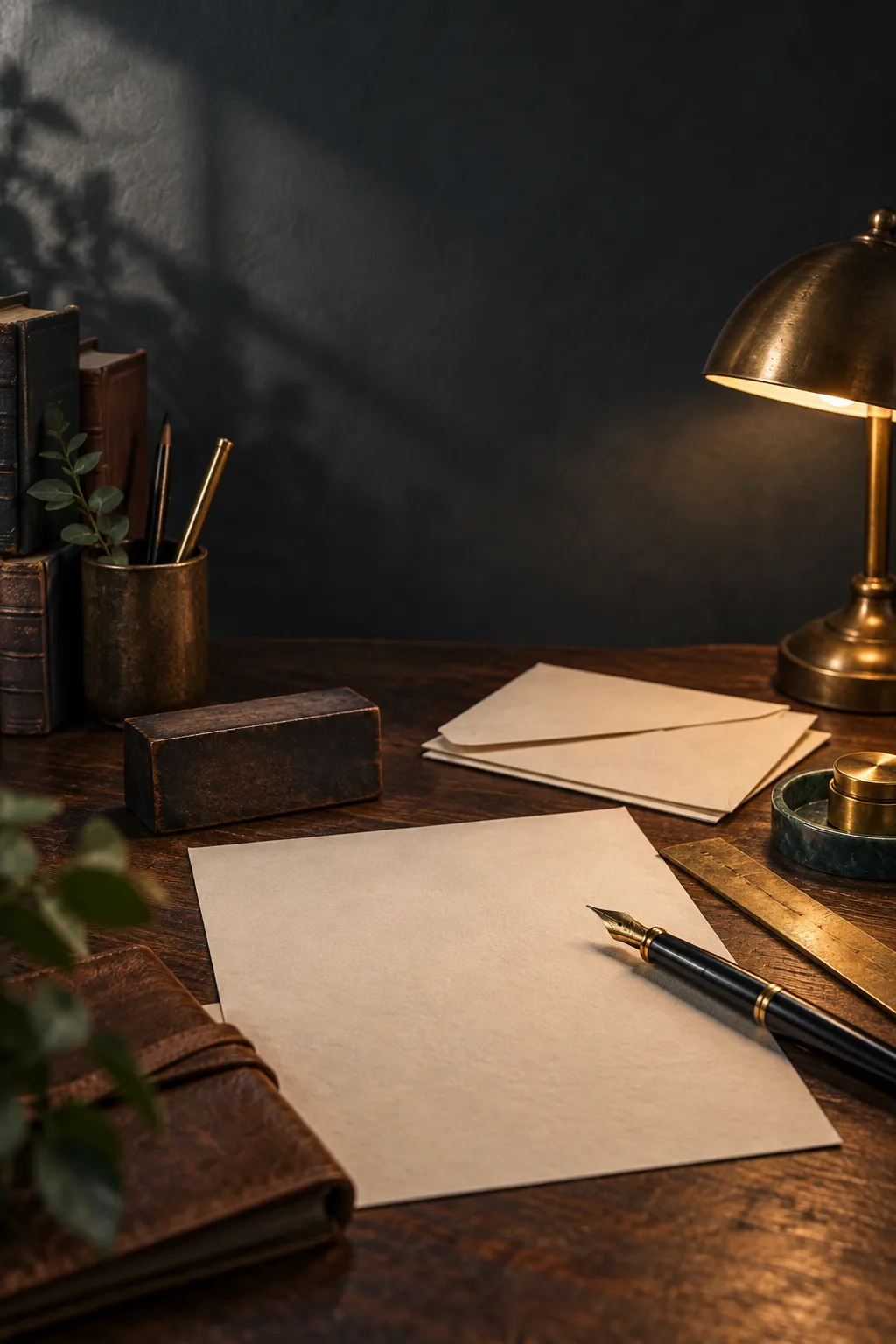 Blank paper, envelopes, a fountain pen, and a brass lamp on a writing desk
