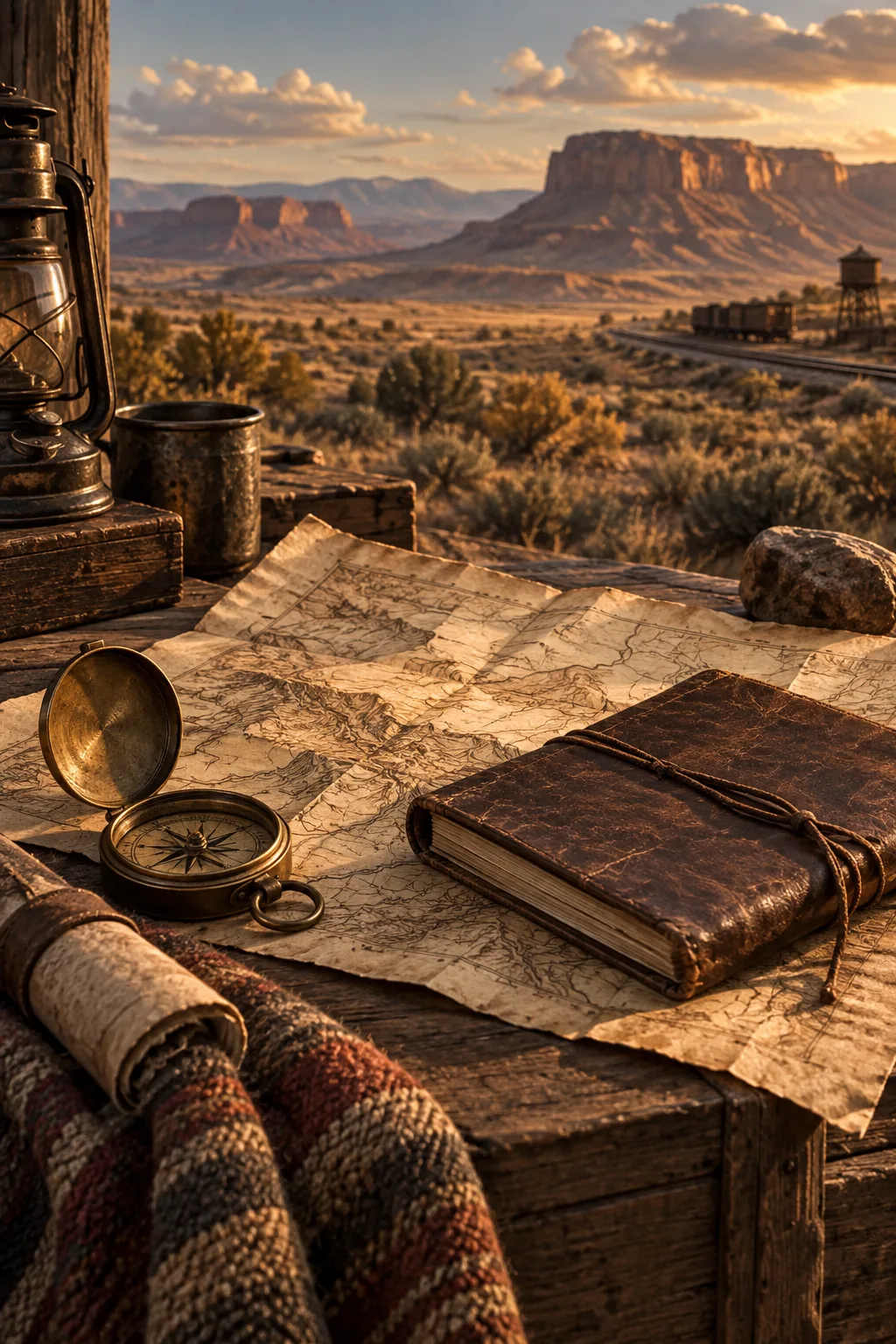 Archival maps, a leather journal, and a high-desert railroad landscape