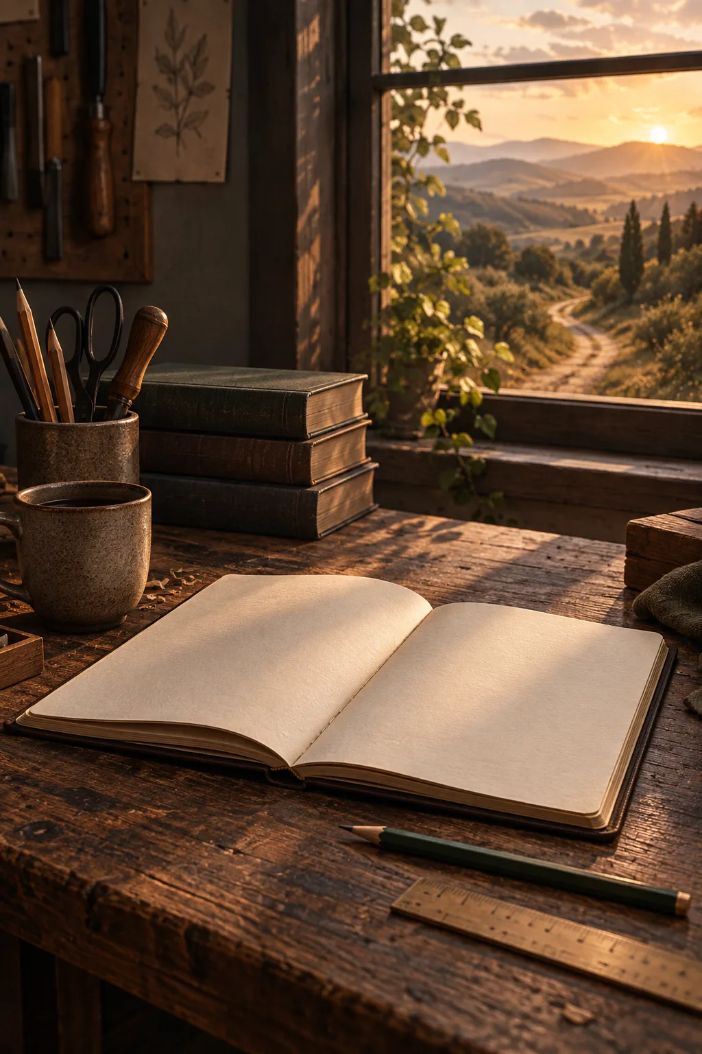 An open notebook, practical tools, books, and a sunlit path beyond a workshop window