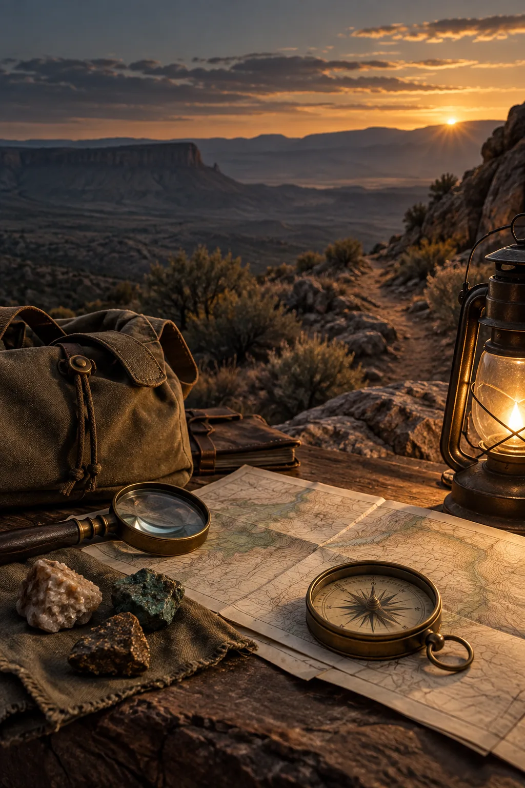 A field map, compass, mineral specimens, and a lantern above a desert trail