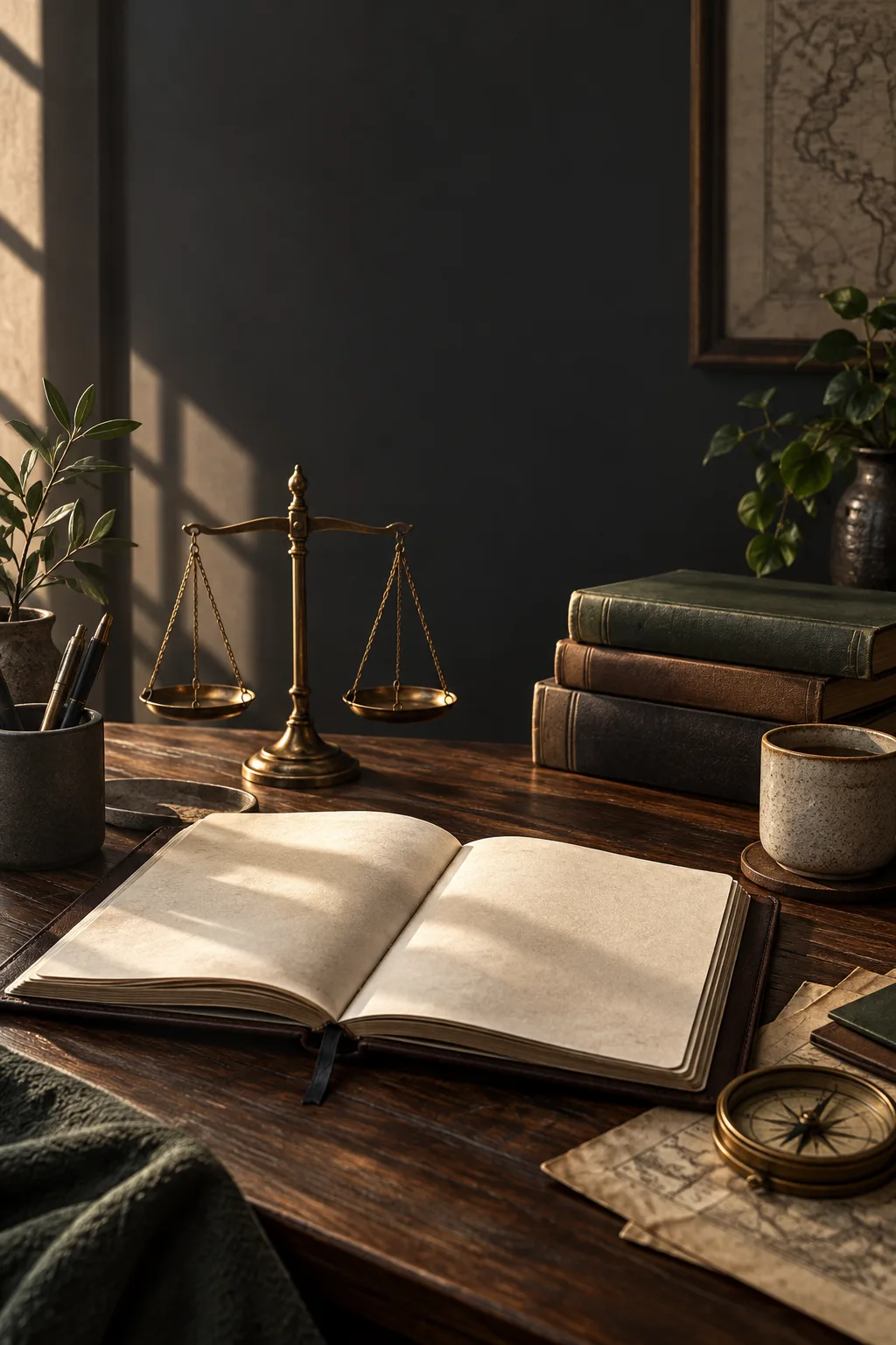 A balanced brass scale, blank ledger, books, and compass on a worktable