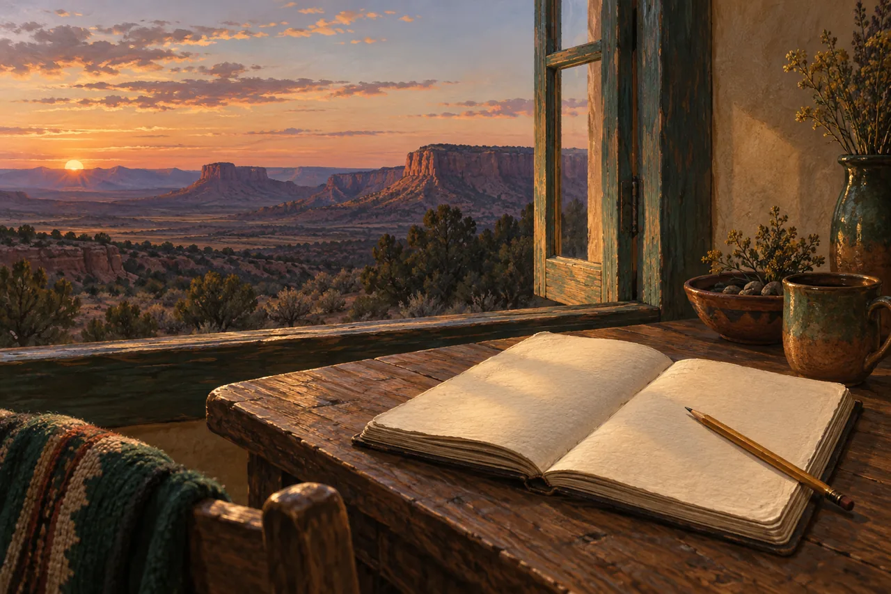A blank notebook beside a window overlooking desert mesas at dusk